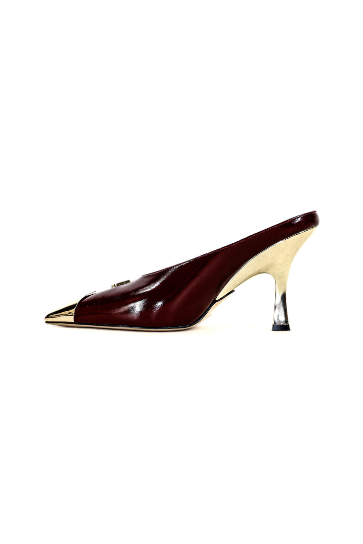 QAFARRIN DOMINA BURGUNDY NOIR Hakiki Dana Deri Altın Burun Detaylı Kitten Heel Mule