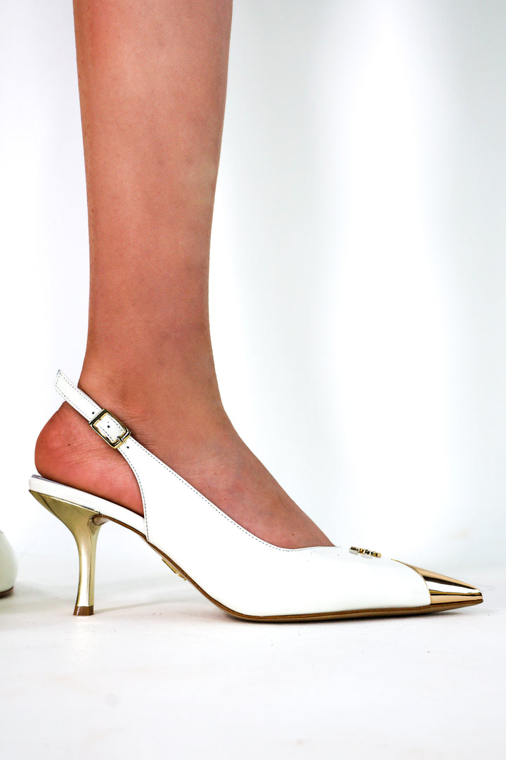 QAFARRIN RIVA – Beyaz Hakiki Dana Deri Altın Burun Detaylı 6 CM Kitten Heel Slingback