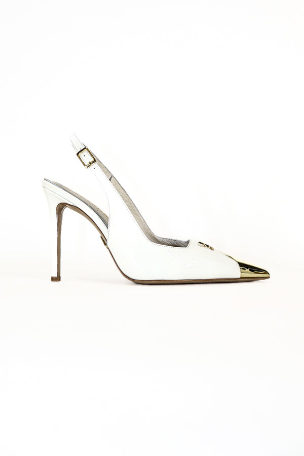 QAFARRIN CROWN BLANC IMPÉRIAL – Hakiki Dana Rugan Deri Altın Burun Detaylı Stiletto Slingback