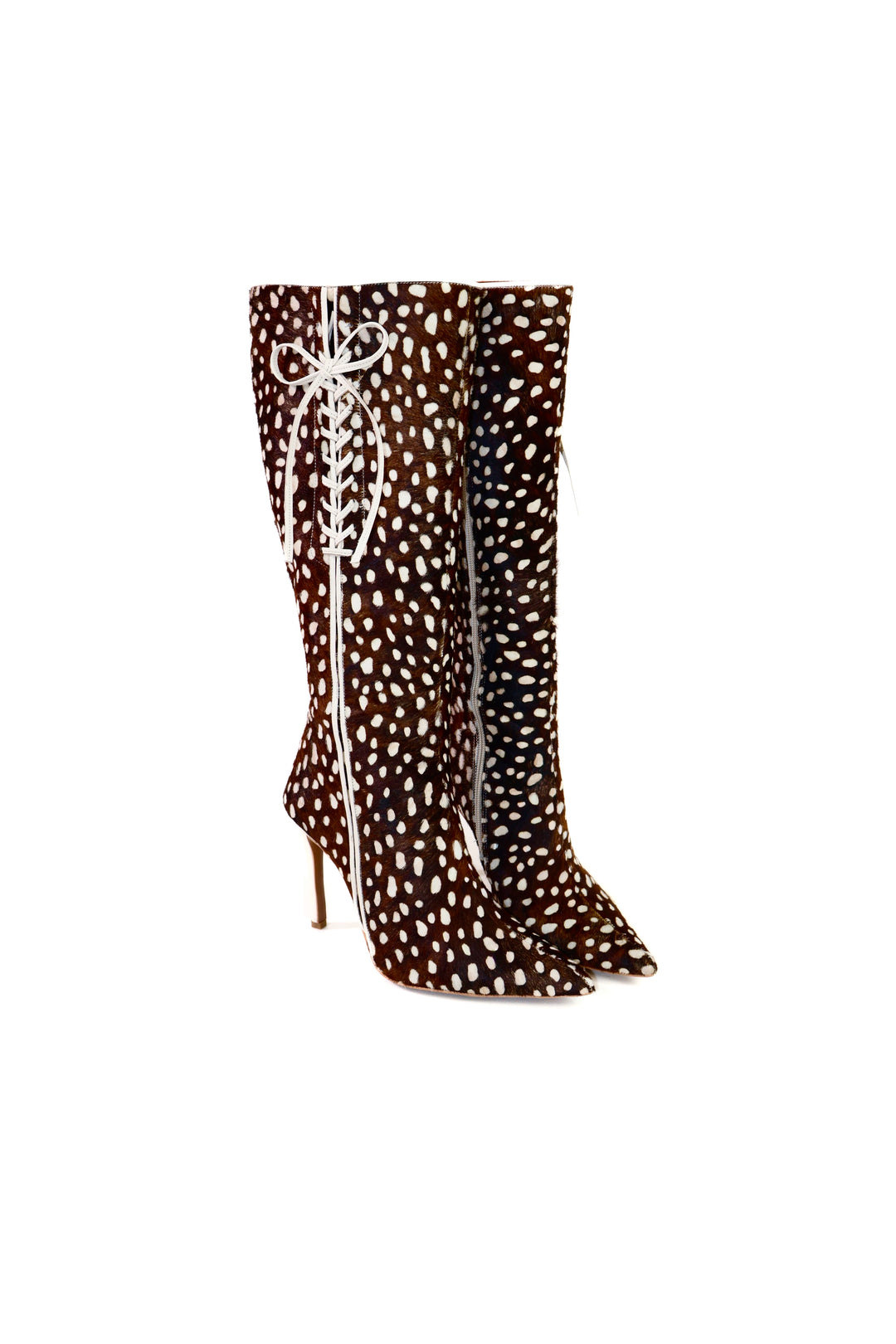 QAFARRIN LILLET – Bambi Print Chocolate Brown Hakiki Tay Tüyü Bağcık Detaylı Stiletto Diz Altı Çizme