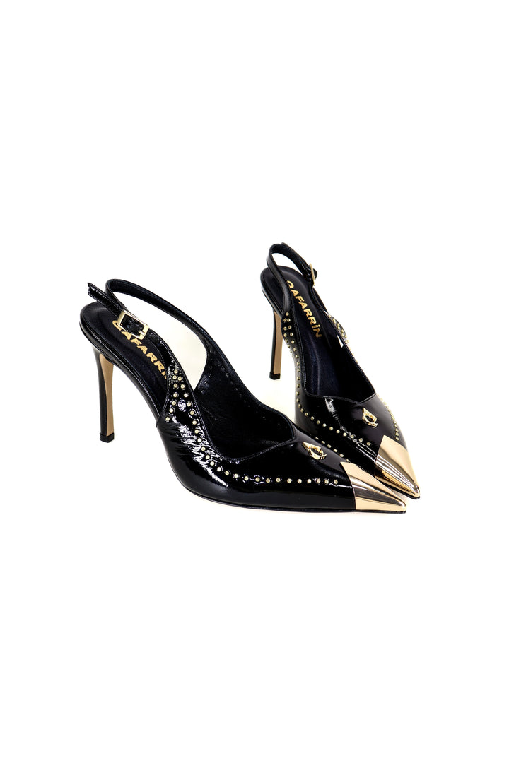 Qafarrin ARYSSE – Siyah Rugan Hakiki Dana Derisi Gold Detaylı Slingback Stiletto