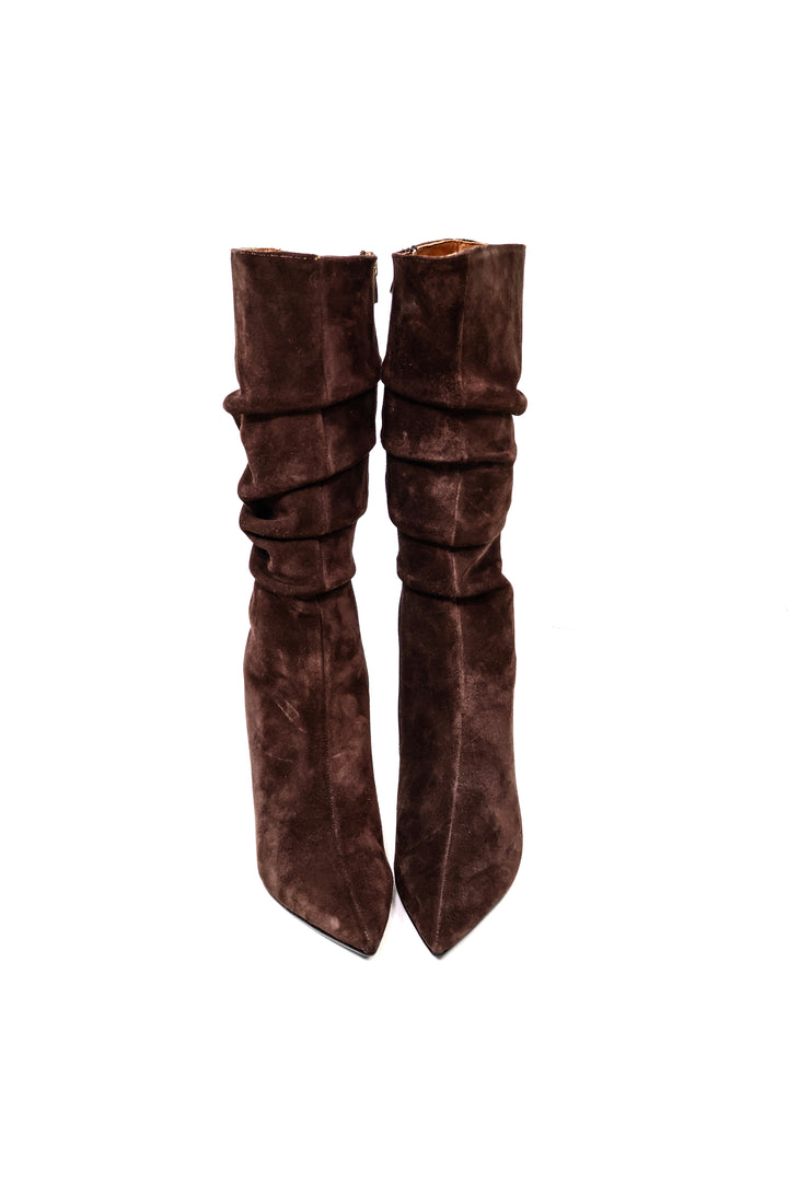 QAFARRIN VYREN – Deep Espresso Brown Hakiki Dana Süet Deri Sculptural Wedge Çizme