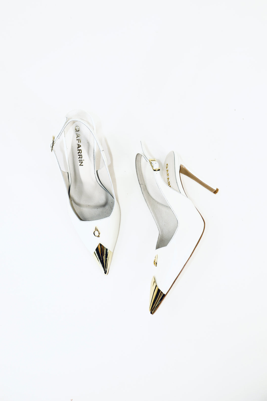 QAFARRIN CROWN BLANC IMPÉRIAL – Hakiki Dana Rugan Deri Altın Burun Detaylı Stiletto Slingback
