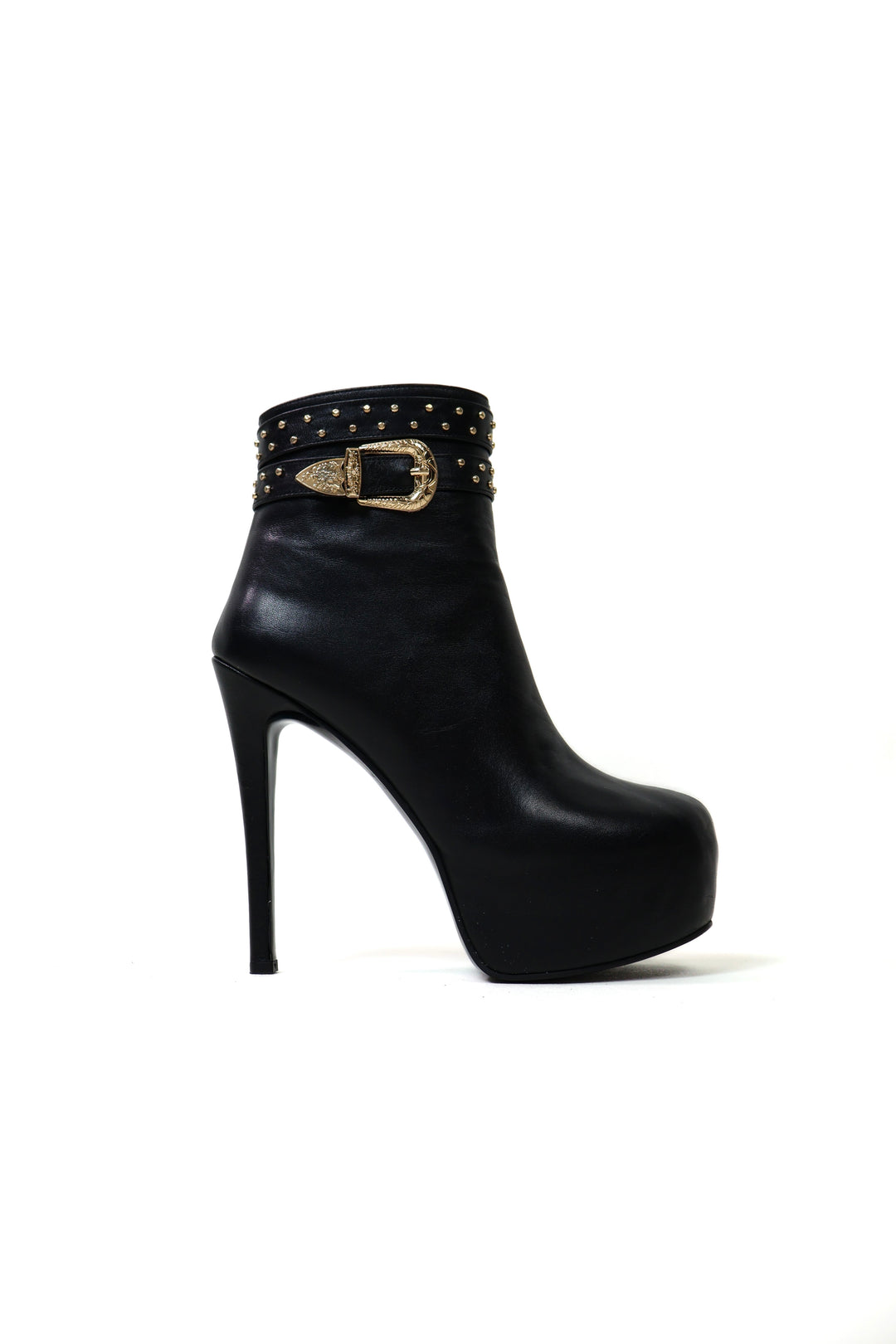 QAFARRIN DRAZÉ – Black Hakiki Dana Deri Gold Stud &amp; Buckle Hardware Detaylı Platform Bot