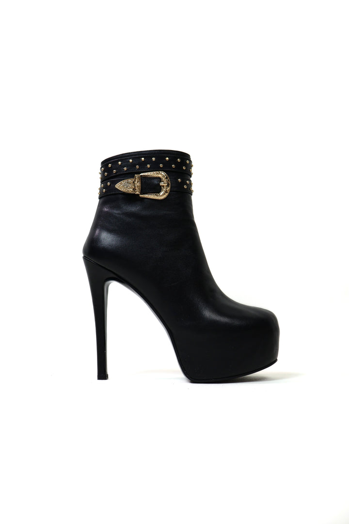 QAFARRIN DRAZÉ – Black Hakiki Dana Deri Gold Stud &amp; Buckle Hardware Detaylı Platform Bot