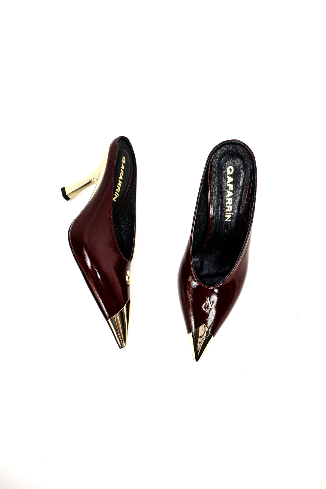 QAFARRIN DOMINA BURGUNDY NOIR Hakiki Dana Deri Altın Burun Detaylı Kitten Heel Mule