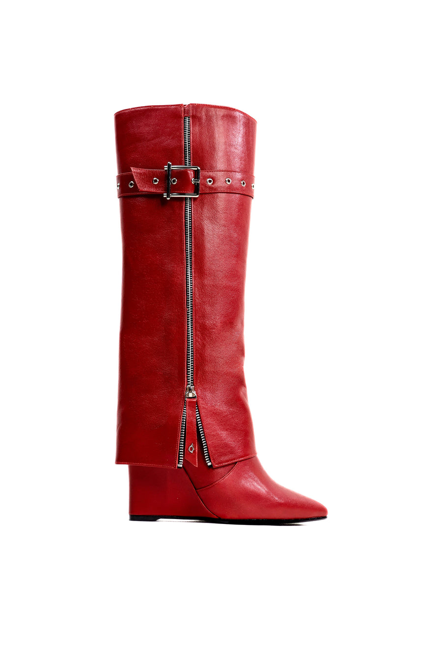QAFARRIN VESPER – Deep Red Hakiki Dana Deri Sculptural Wedge Çizme