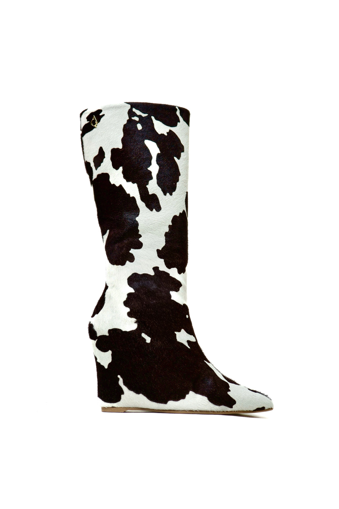 QAFARRIN VYREN – Dark Chocolate &amp; Ivory Cow Print Hakiki Dana Tay Tüyü Sculptural Wedge Çizme