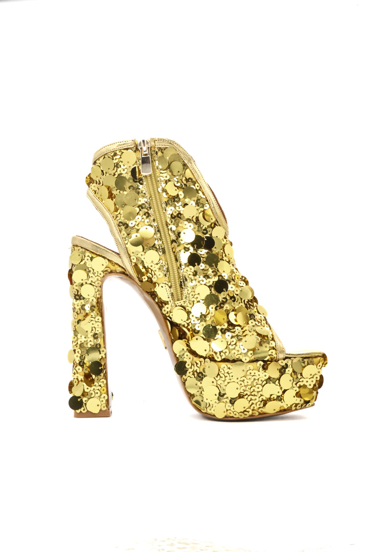 Qafarrin SERENZA BRONZE – Bronz Gold Payetli Hakiki Dana Derisi Platform Peep Toe Bootie