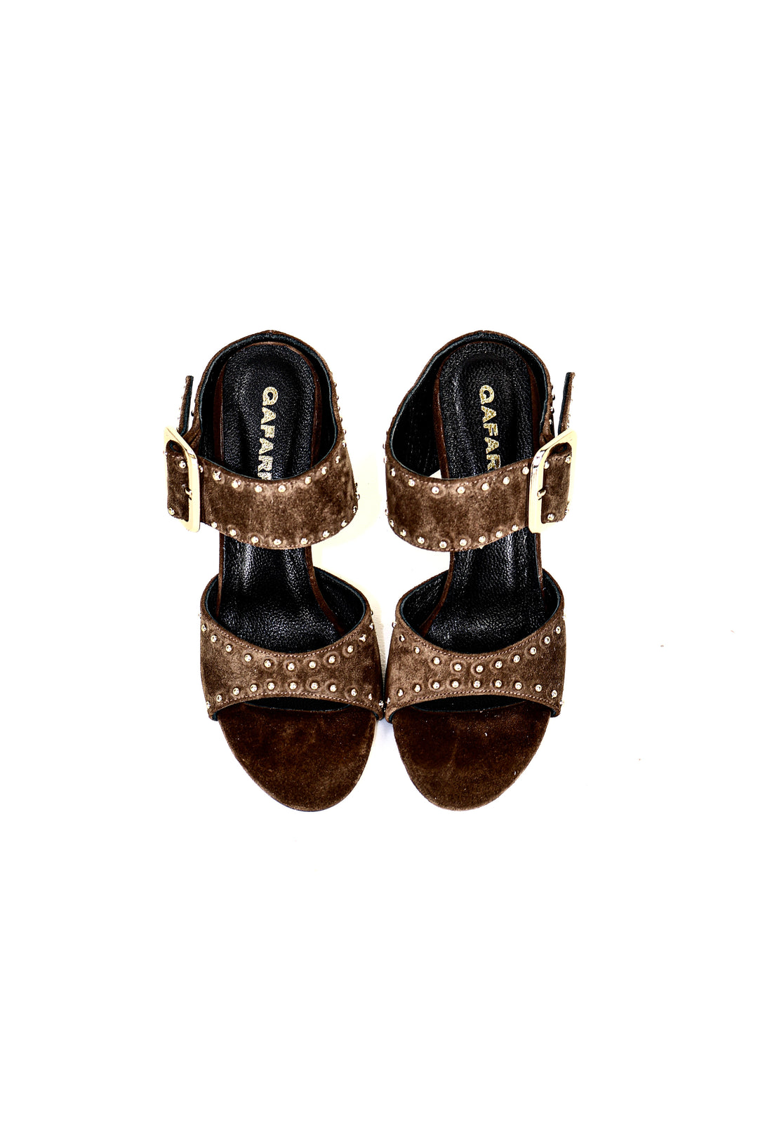 Qafarrin MIDNIGHT RIVETS – Espresso Suede Hakiki Dana Deri ve Altın Rivet Detaylı Mule Topuklu Sandalet