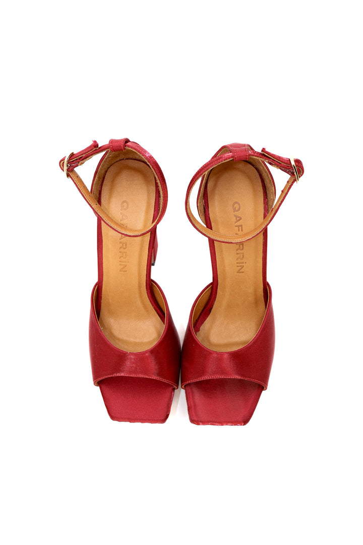Qafarrin VERDELIA SATIN – Bordo İpek Saten Hakiki Dana Deri Platform Topuklu Sandalet