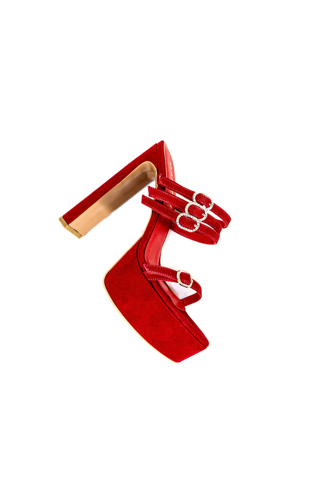 Qafarrin ÉSARELLE Rouge Impérial – Kırmızı Süet Hakiki Dana Deri Kristal Tokalı Platform Mule