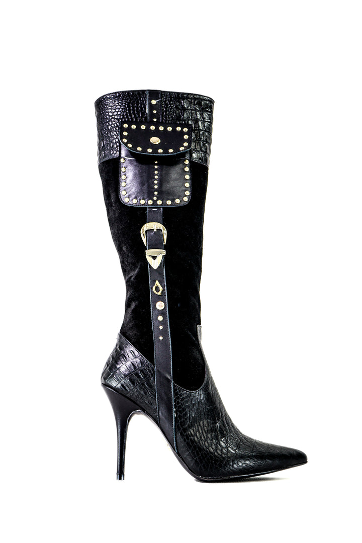 Qafarrin VANGUARD RIVET – Kroko Dokulu Hakiki Dana Derisi &amp; Süet Detaylı Noir Couture Boot