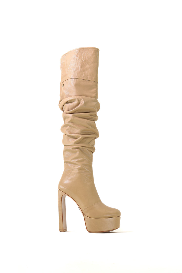 QAFARRIN QYRA – Sand Beige Hakiki Dana Deri Drapeli Platform Çizme