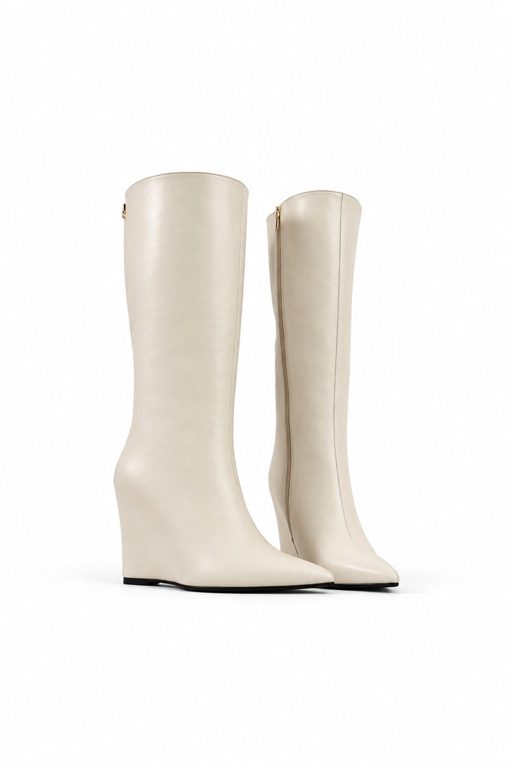 QAFARRIN VYREN – Ivory Hakiki Dana Deri Sculptural Wedge Çizme