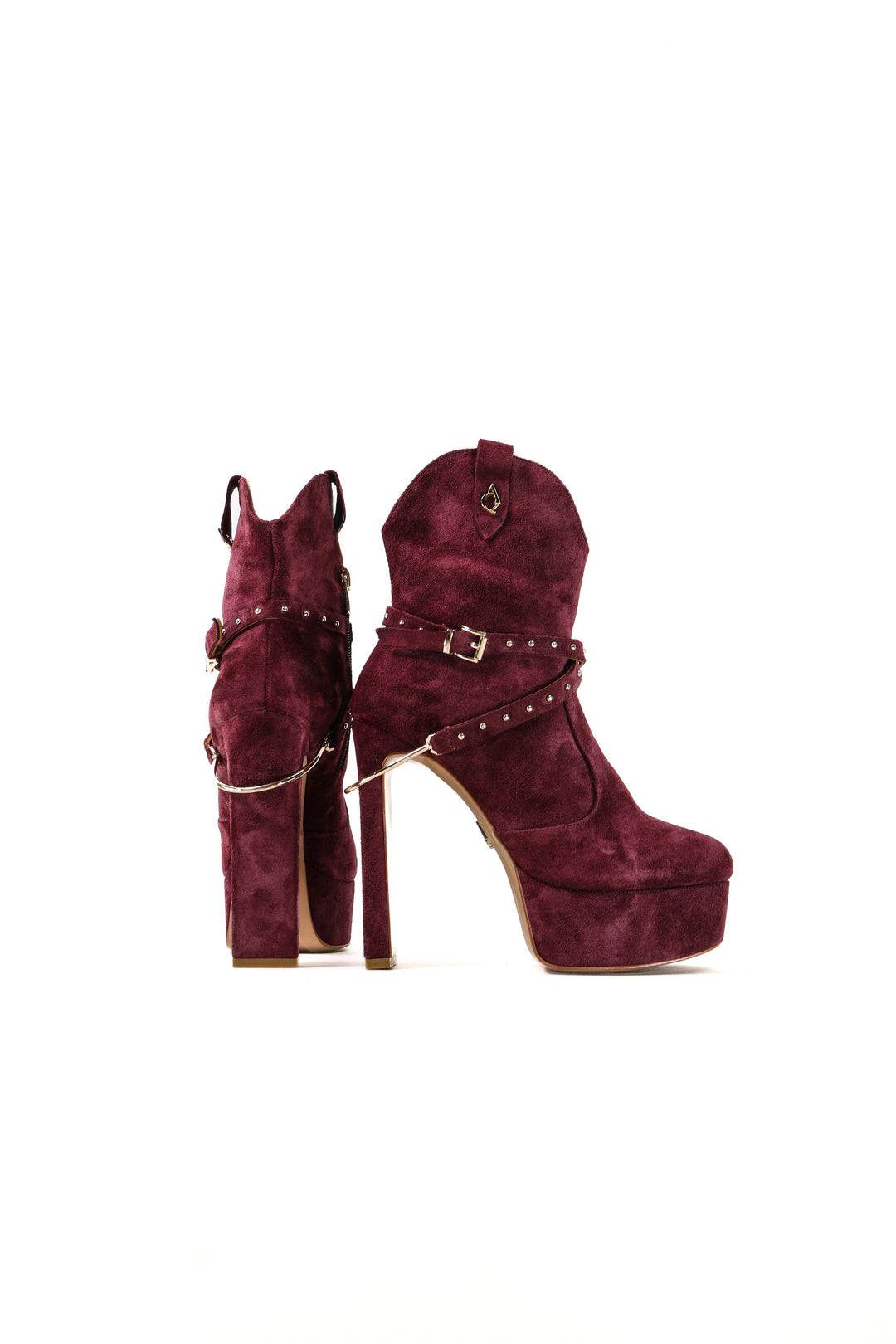 QAFARRIN VERZA – Burgundy Hakiki Dana Süet Deri Gold Stud &amp; Kemer Detaylı Platform Bot
