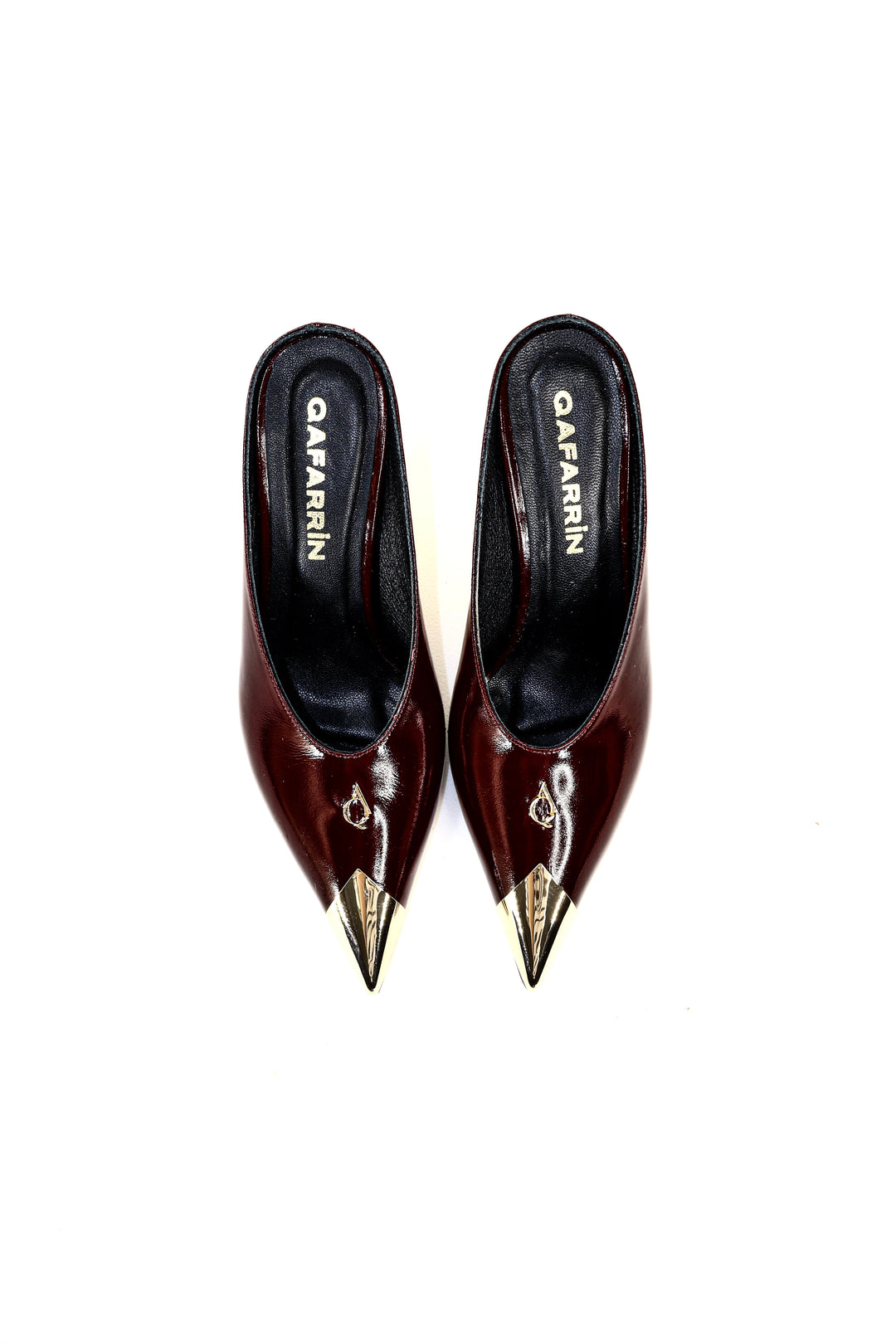 QAFARRIN DOMINA BURGUNDY NOIR Hakiki Dana Deri Altın Burun Detaylı Kitten Heel Mule