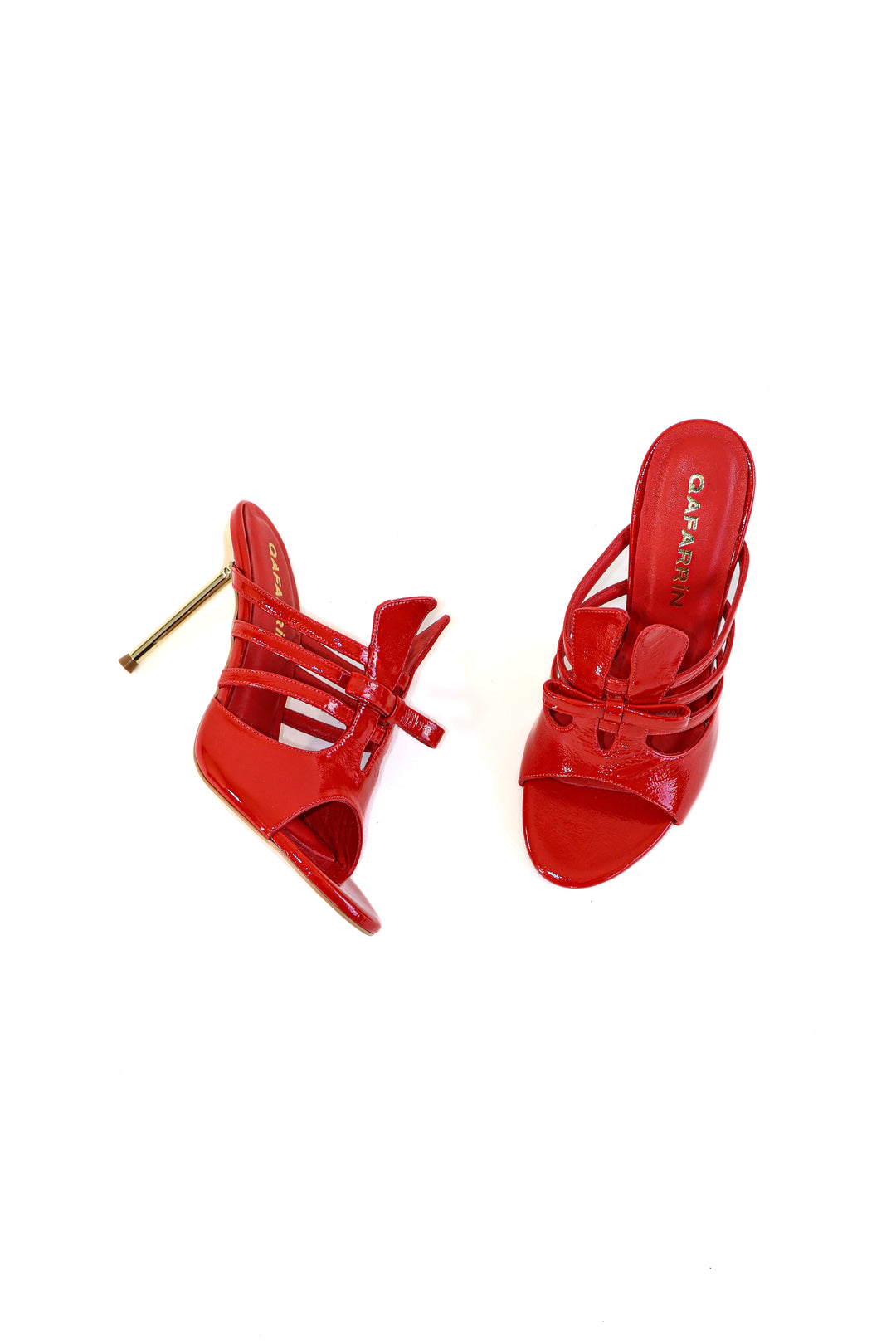 QAFARRIN CELEVA – Vermilion Red Rugan Hakiki Dana Deri İnce Metal Topuklu Mule