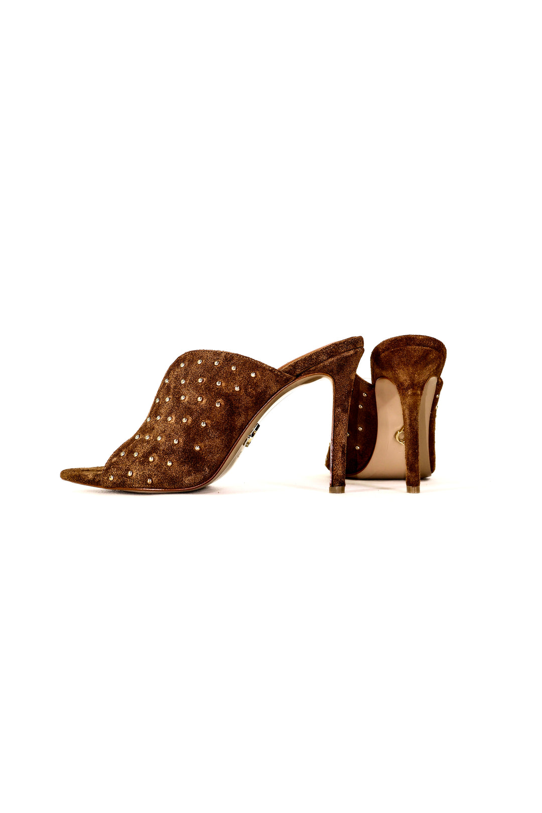 QAFARRIN IMPERA – Brown Hakiki Dana Süet Deri Gold Stud Mule Stiletto