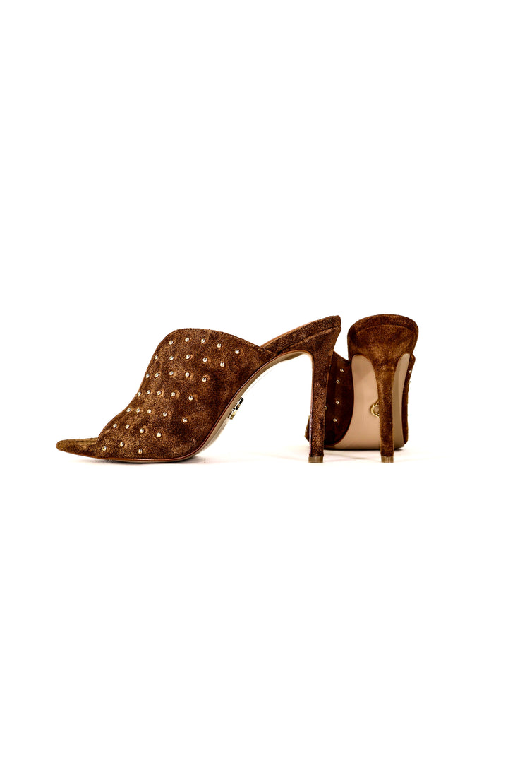 QAFARRIN IMPERA – Brown Hakiki Dana Süet Deri Gold Stud Mule Stiletto
