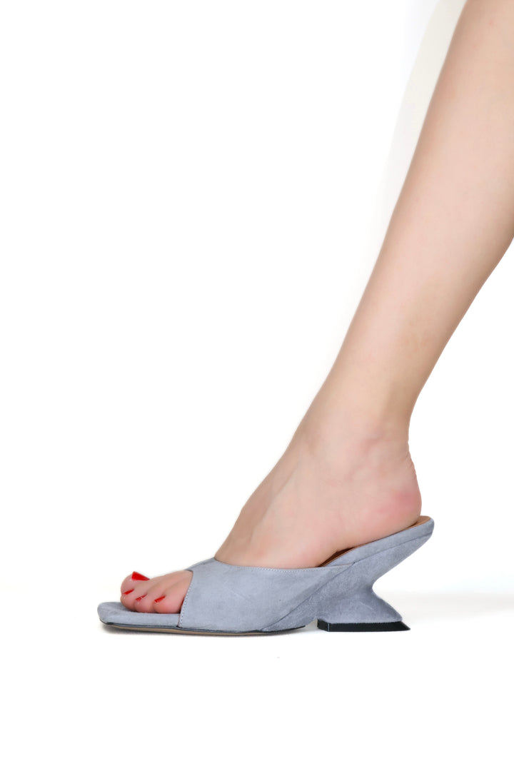 Qafarrin SYRAH – Ice Blue Suede Genuine Leather 6 cm Heel Mule Slippers