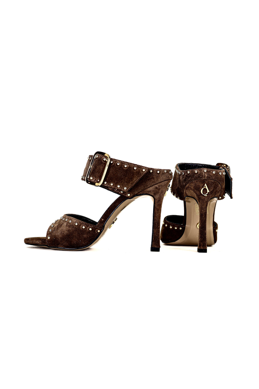 Qafarrin MIDNIGHT RIVETS – Espresso Suede Hakiki Dana Deri ve Altın Rivet Detaylı Mule Topuklu Sandalet