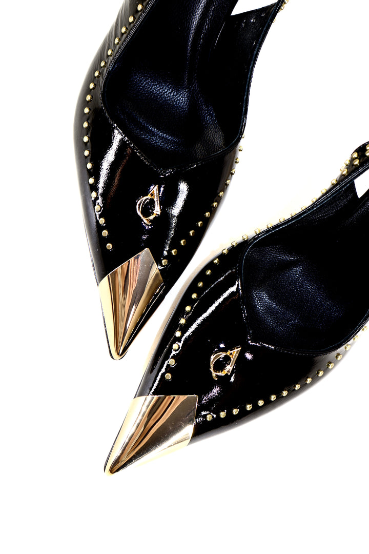 Qafarrin ARYSSE – Siyah Rugan Hakiki Dana Derisi Gold Detaylı Slingback Stiletto