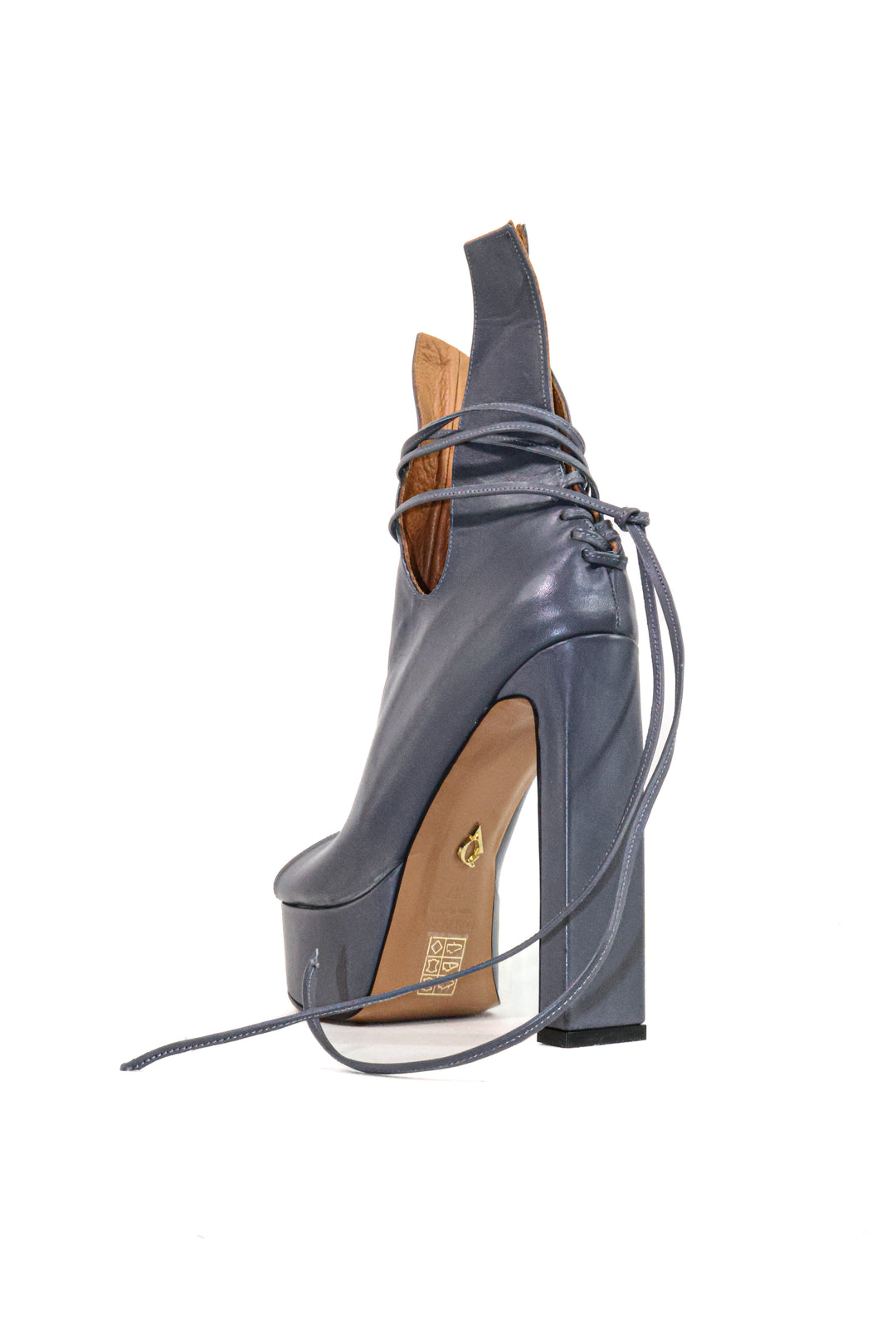 QAFARRIN OBSCURA – Graphite Grey Hakiki Dana Deri Bağcıklı Platform Peep Toe Bootie