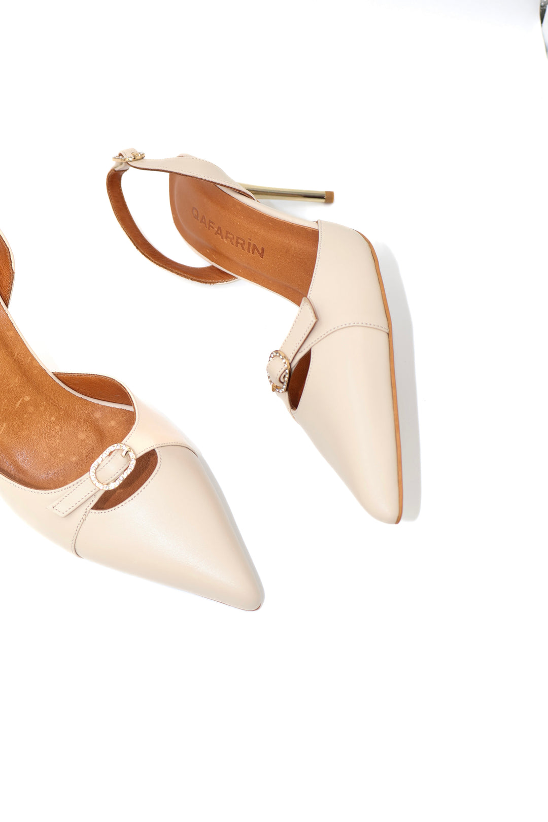 Qafarrin ALBA LUX CRÈME – Bej Yüksek Kaliteli Hakiki Dana Derisi Slingback Stiletto