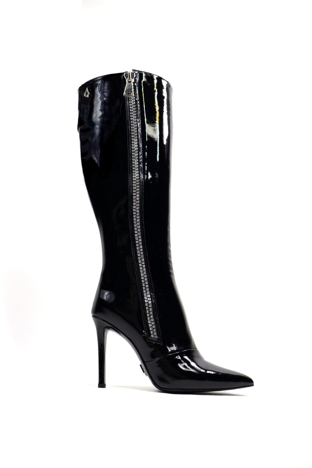 QAFARRIN VARKY – Black Patent Hakiki Dana Deri Taş Detaylı Fermuarlı Stiletto Çizme