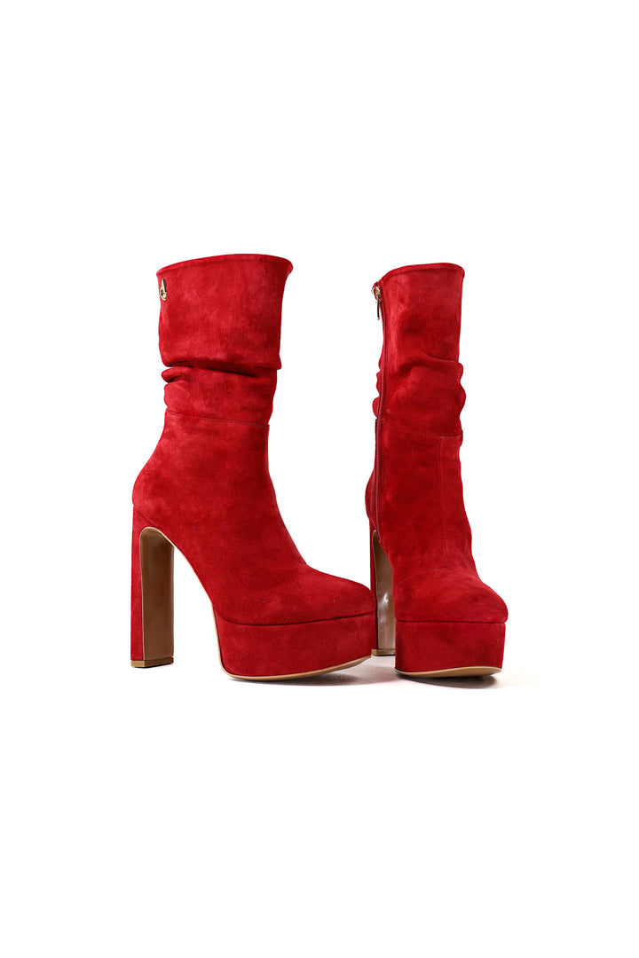 QAFARRIN QÉRA – Scarlet Red Hakiki Dana Süet Deri Platform Bot