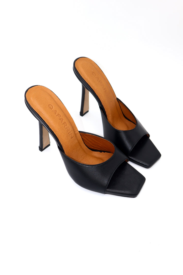 QAFARRIN VANTA – Siyah Hakiki Dana Deri İnce Topuklu Mule Stiletto