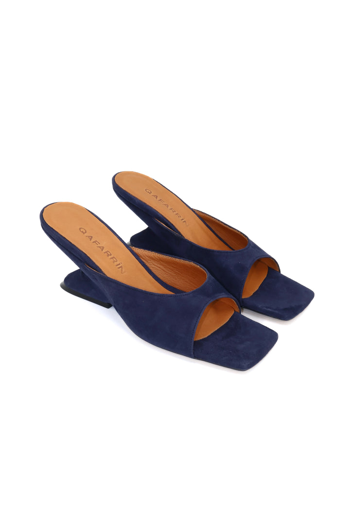 Qafarrin SYRAH – Lacivert Süet Hakiki Dana Deri 6 cm Topuklu Mule Terlik