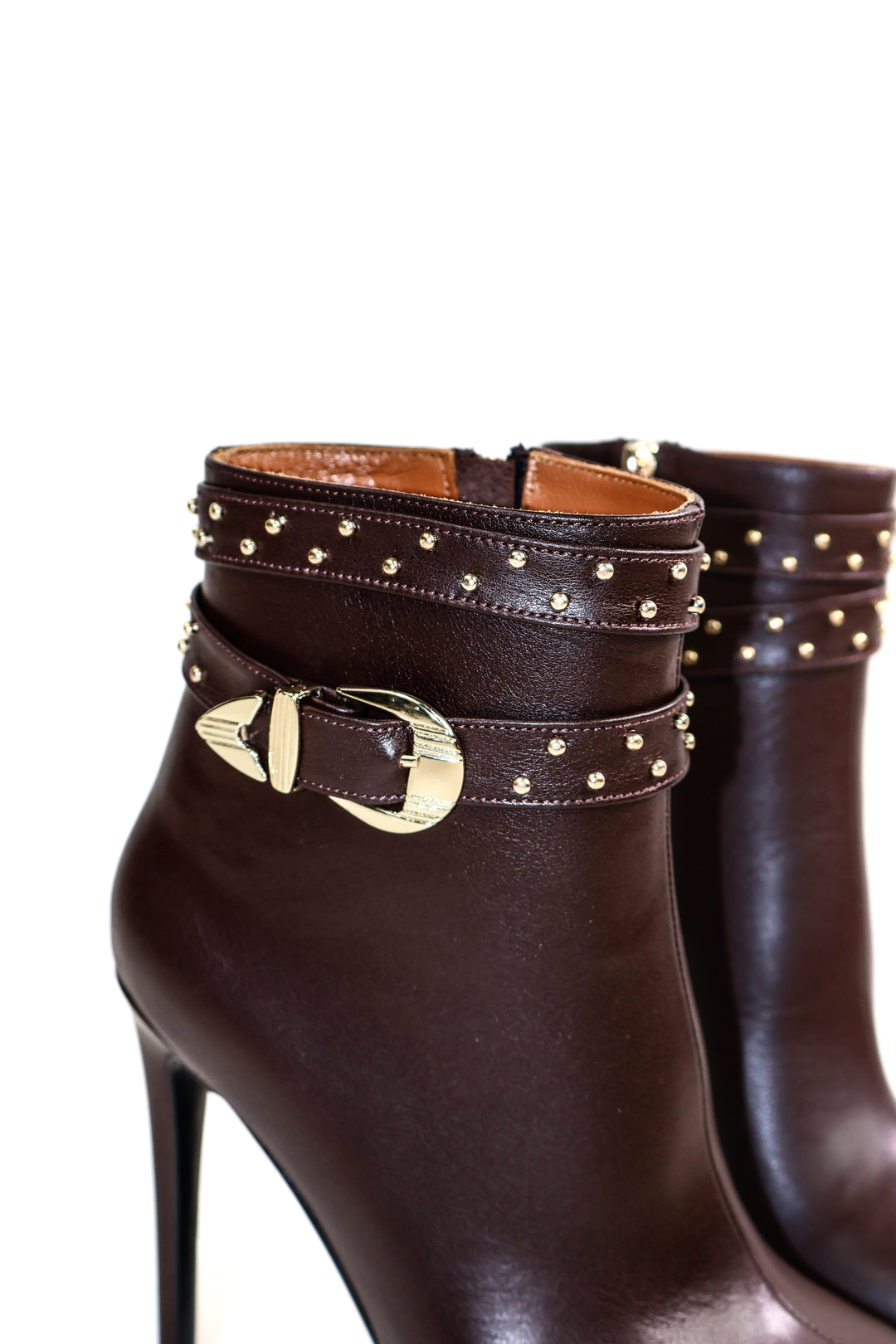 QAFARRIN DRAZÉ – Deep Espresso Brown Hakiki Dana Deri Gold Stud &amp; Metal Hardware Detaylı Platform Bot