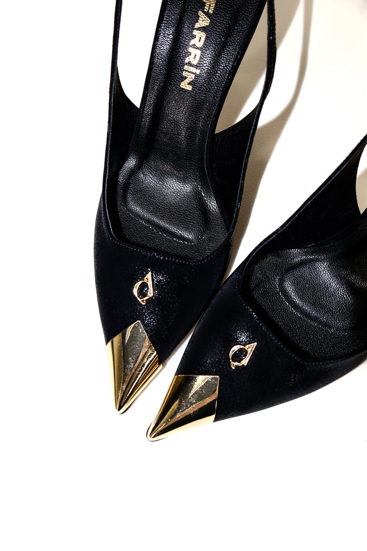 QAFARRIN CROWN NOIR – Hakiki Dana Deri Altın Burun Detaylı Stiletto Mule