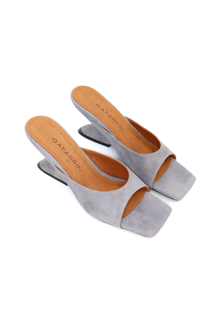 Qafarrin SYRAH – Ice Blue Suede Genuine Leather 6 cm Heel Mule Slippers