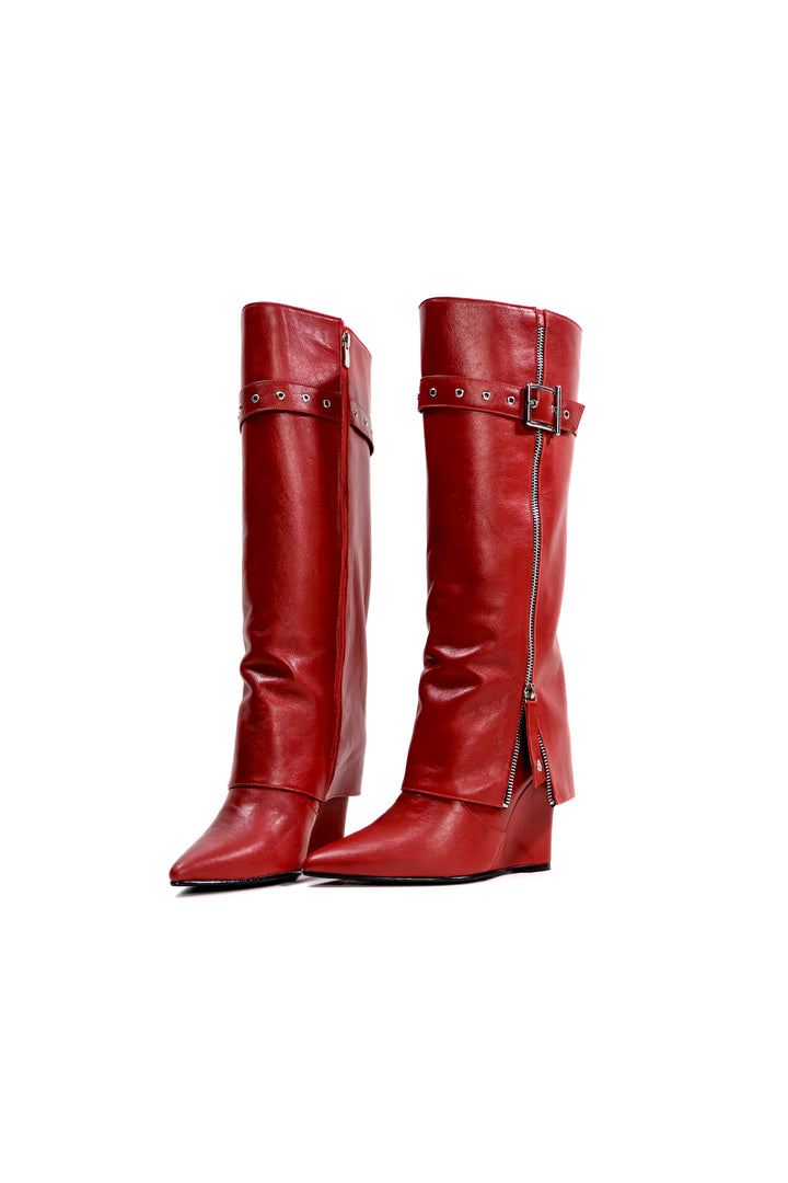 QAFARRIN VESPER – Deep Red Hakiki Dana Deri Sculptural Wedge Çizme
