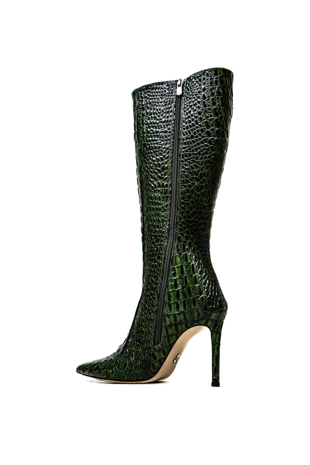 QAFARRIN ODILE – Dark Emerald Green Hakiki Dana Deri Krokodil Dokulu Stiletto Çizme
