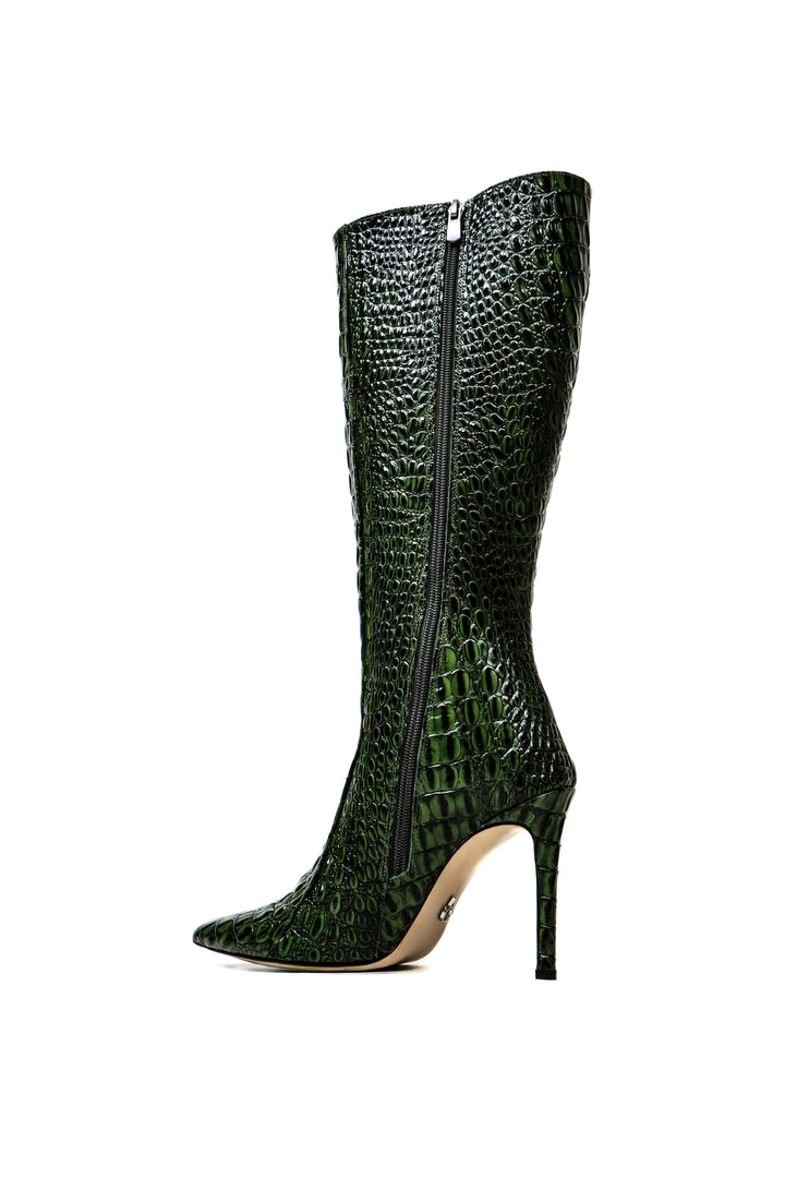 QAFARRIN ODILE – Dark Emerald Green Hakiki Dana Deri Krokodil Dokulu Stiletto Çizme