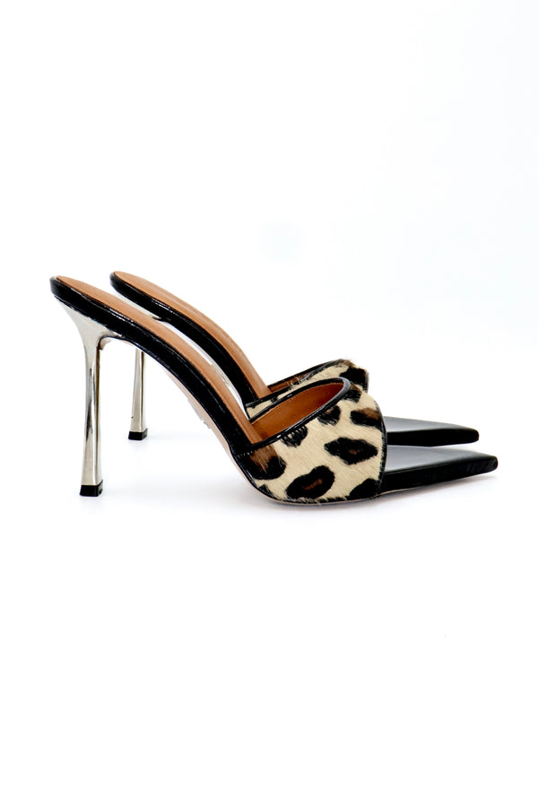 Qafarrin LUNA – Black Patent Leather and Genuine Leopard Leather Mule Heel Shoes