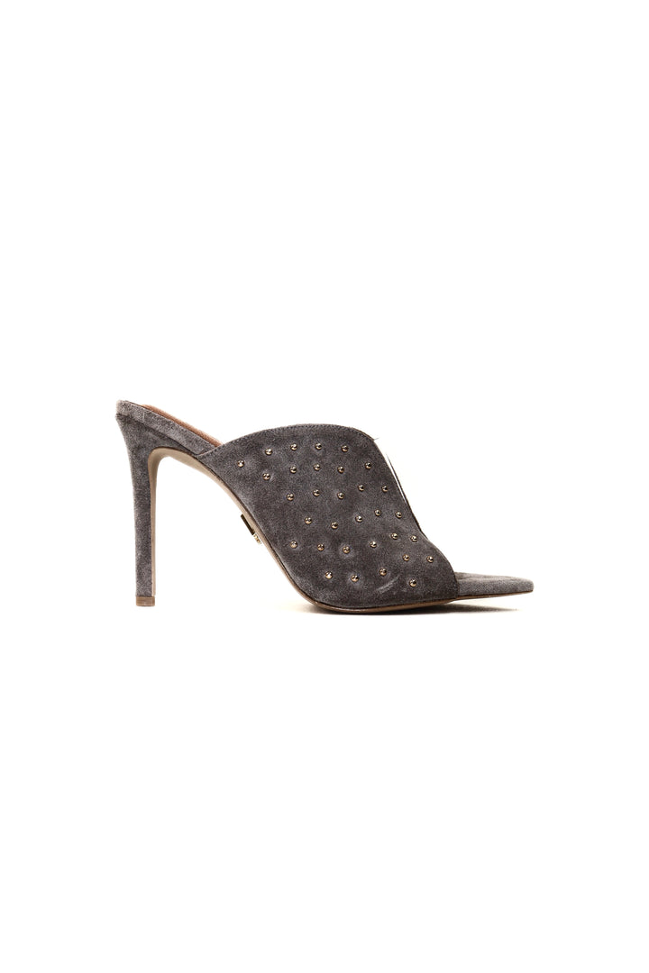 QAFARRIN IMPERA – Grey Hakiki Dana Süet Deri Gold Stud Mule Stiletto