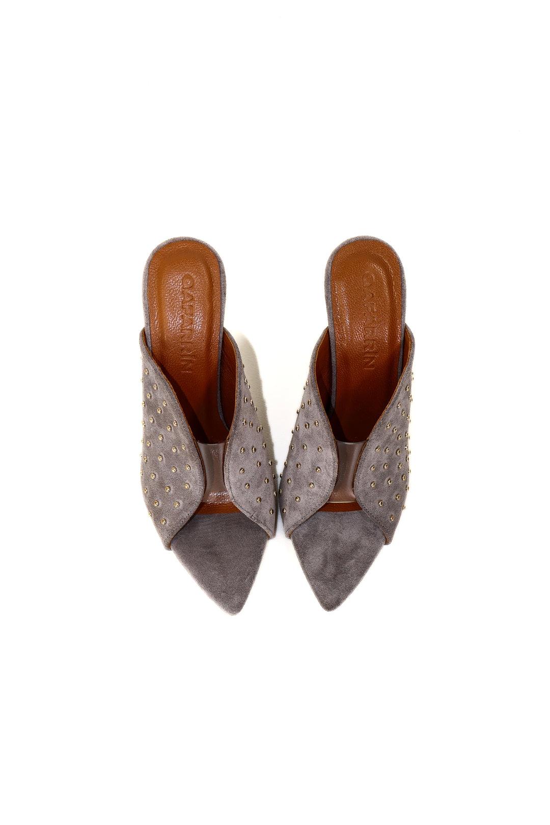 QAFARRIN IMPERA – Grey Hakiki Dana Süet Deri Gold Stud Mule Stiletto