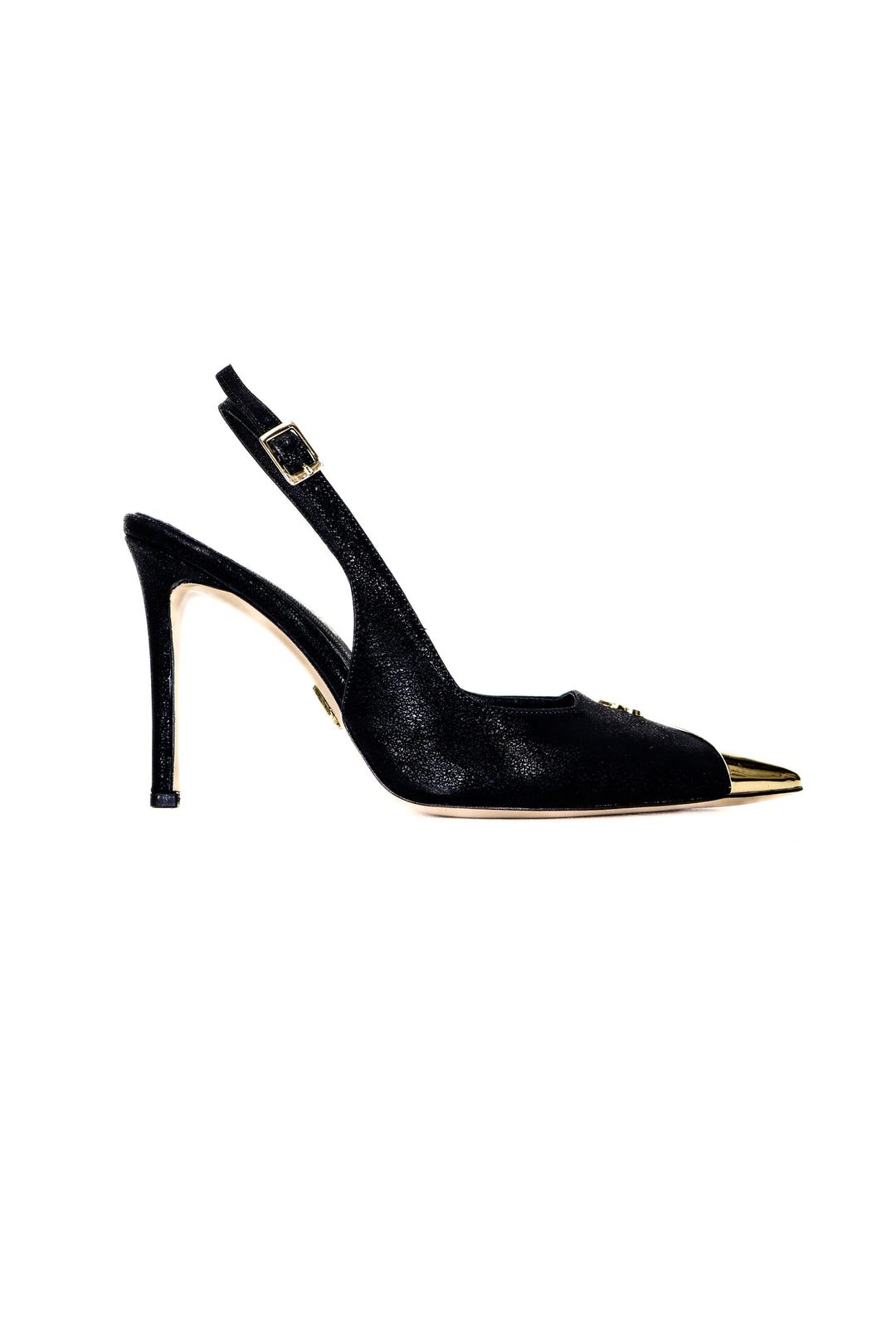 QAFARRIN CROWN NOIR – Hakiki Dana Deri Altın Burun Detaylı Stiletto Mule