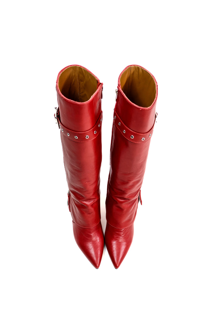 QAFARRIN VESPER – Deep Red Hakiki Dana Deri Sculptural Wedge Çizme