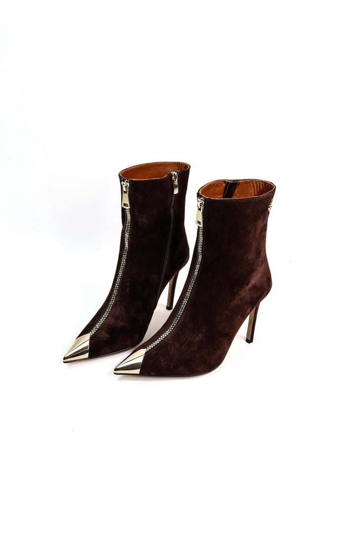 QAFARRIN MARGOT – Deep Chocolate Brown Hakiki Dana Süet Deri Gold Metal Stiletto Bot