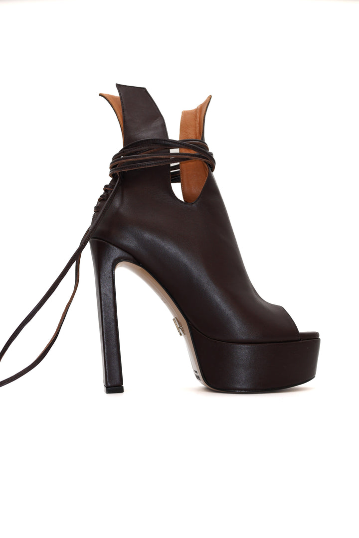 Qafarrin OBSCURA – Acı Kahve Hakiki Dana Deri Bağcıklı Platform Peep Toe Bootie