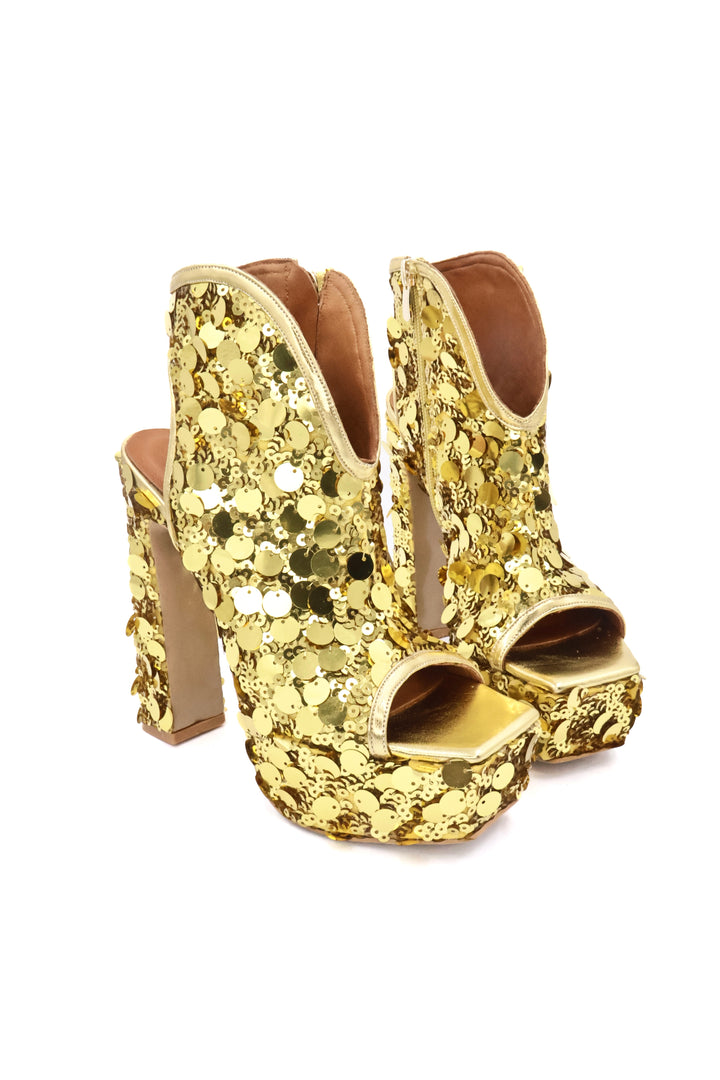 Qafarrin SERENZA BRONZE – Bronz Gold Payetli Hakiki Dana Derisi Platform Peep Toe Bootie