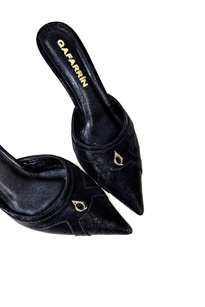 QAFARRIN THÉVRA NOIR ABSOLU – Hakiki Dana Deri 6 CM Kitten Heel Mule