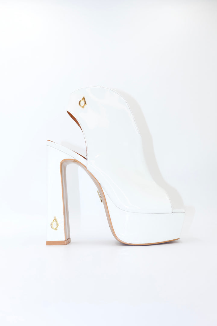 Qafarrin FLAMMÉA WHITE – White Patent Leather Genuine Calfskin Platform Peep Toe Bootie