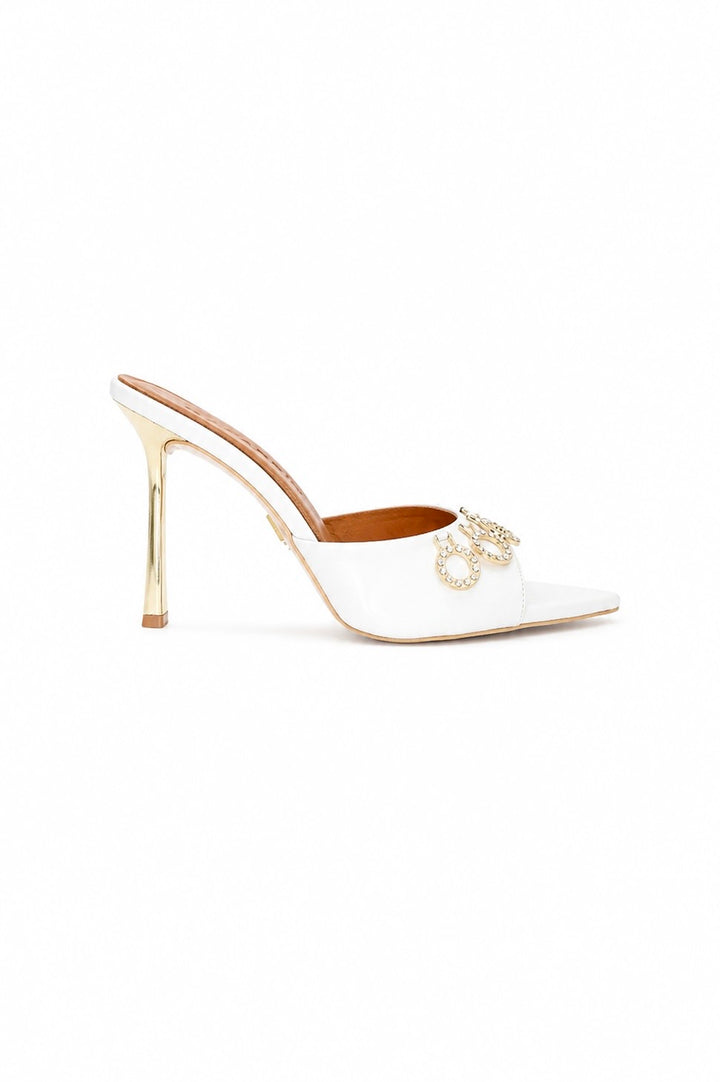 Qafarrin WHITE ORBIT – Genuine Calfskin Patent Leather Stone Detailed Mule Stiletto